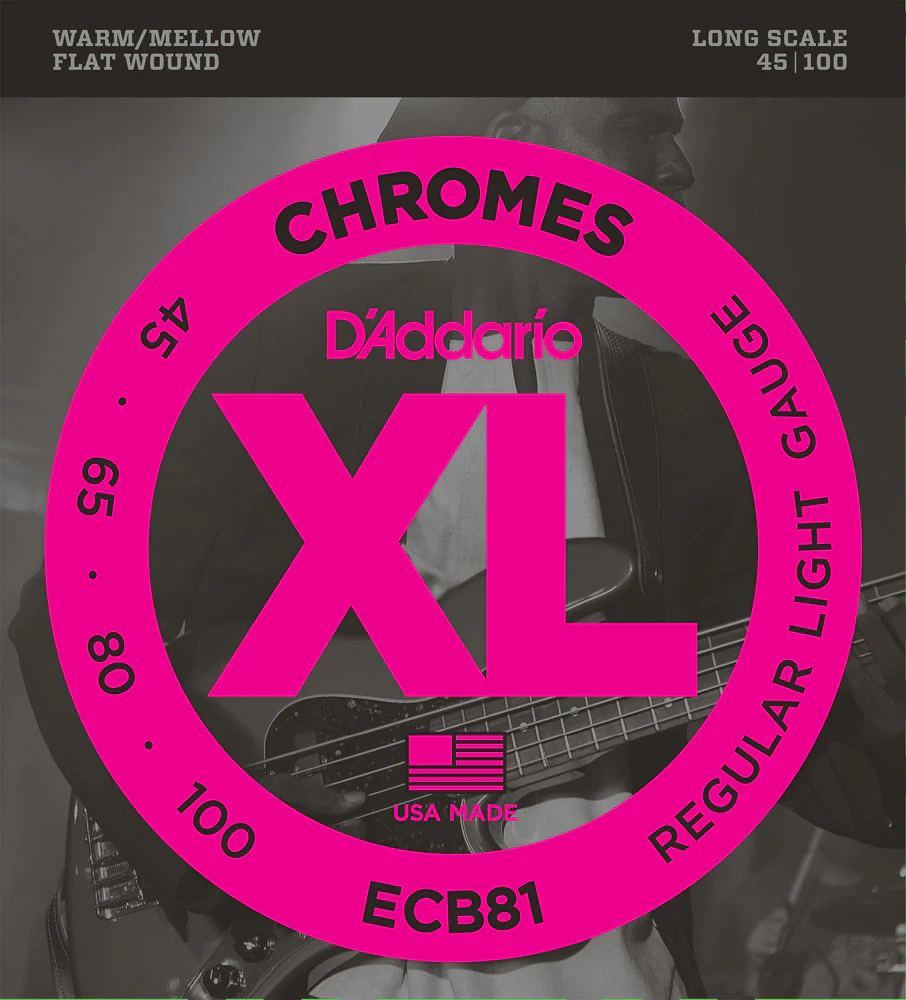 D'Addario ECB81 Long Scale Chromes Flat Wound Electric Bass Strings Regular Light 45-100