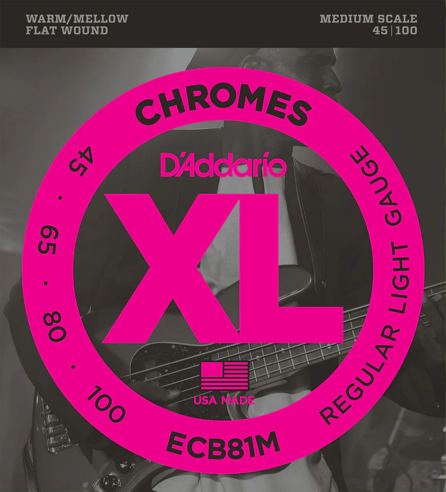 D'Addario ECB81M Medium Scale Chromes Flat Wound Electric Bass Strings Regular Light 45-100