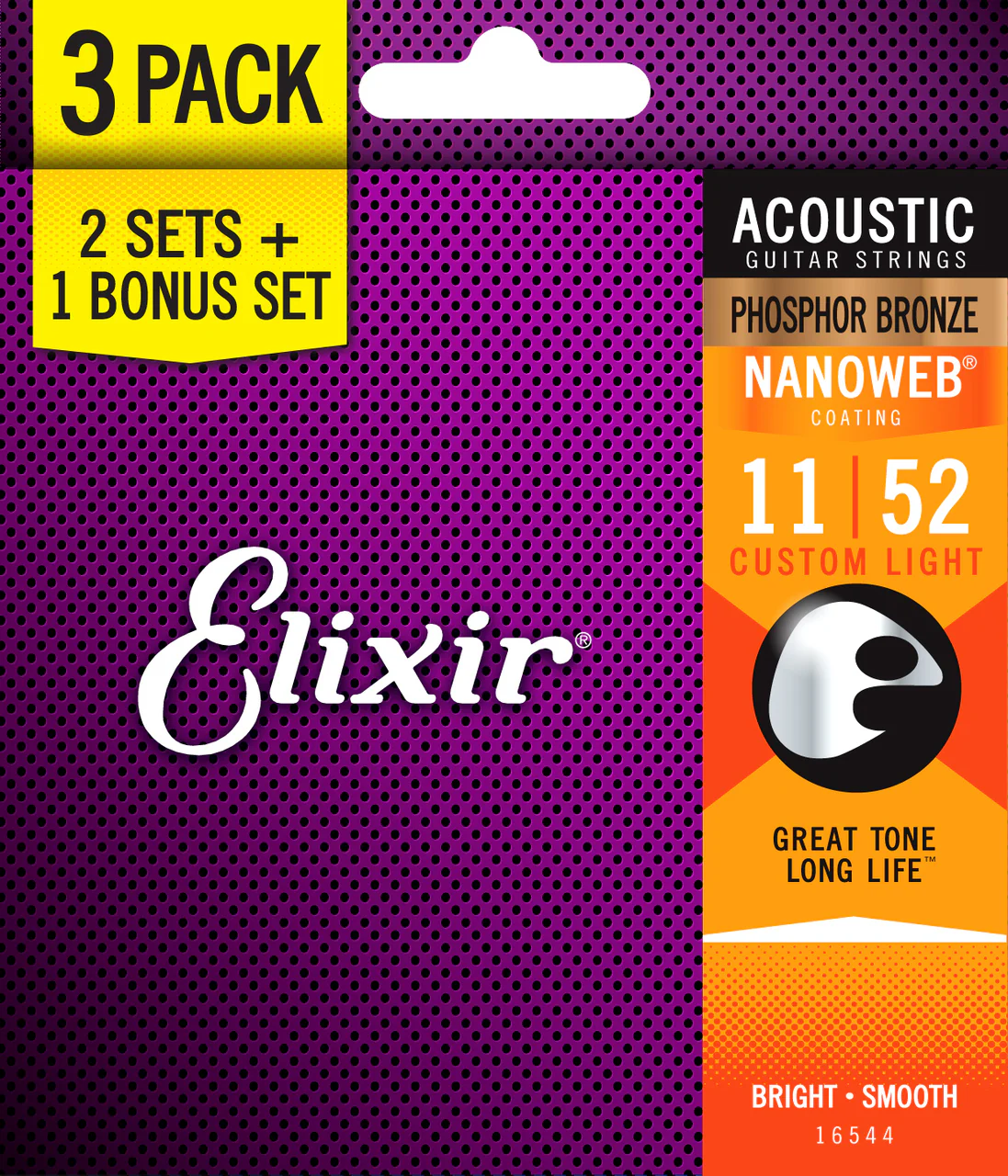 Elixir 16544 Nanoweb Phosphor Bronze 11-52 3 Pack Custom Light