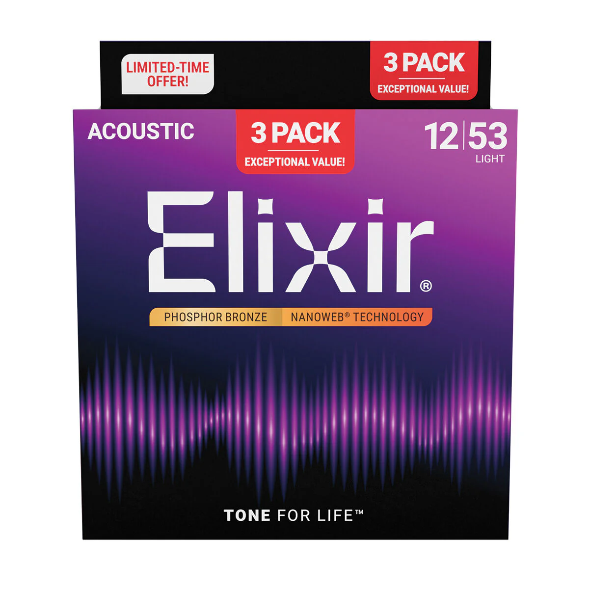 Elixir 16545 Nanoweb Phosphor Bronze 12-53 3 Pack Light